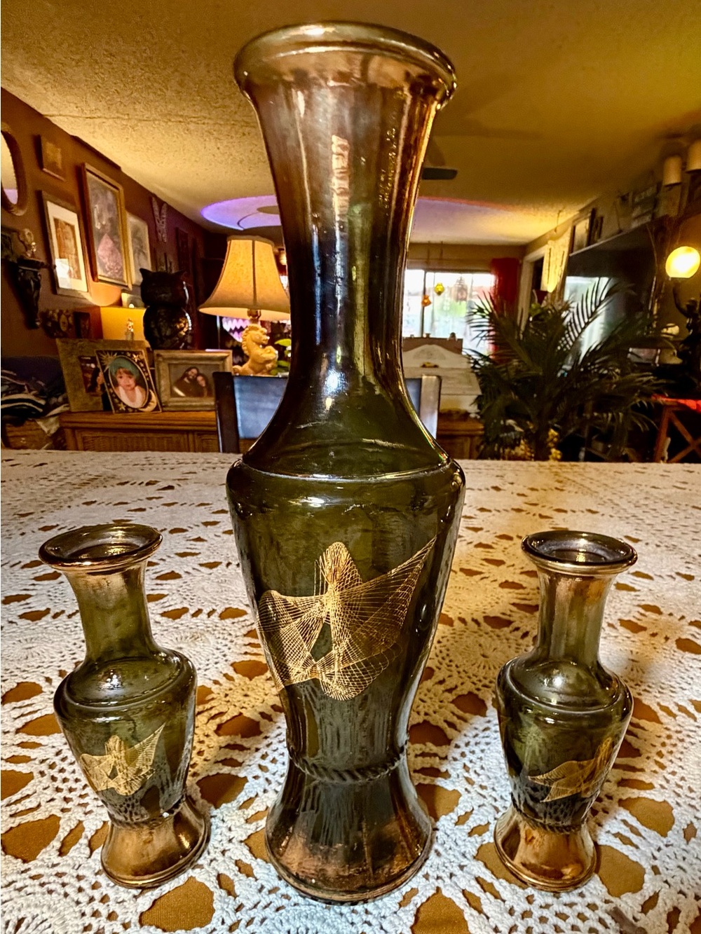 intage 1960s MCM Wheatonware Smoked Green Glass Vase Set - 3pc Atomic Spirograph